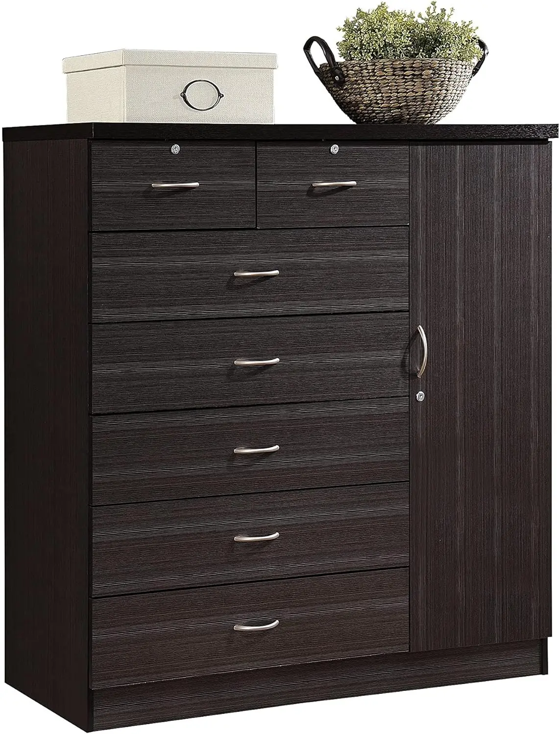 7 Drawer Jumbo Chest, Five Large Drawers, Two Smaller Drawers with Two Lock, Hanging Rod, and Three Shelves | Chocolate