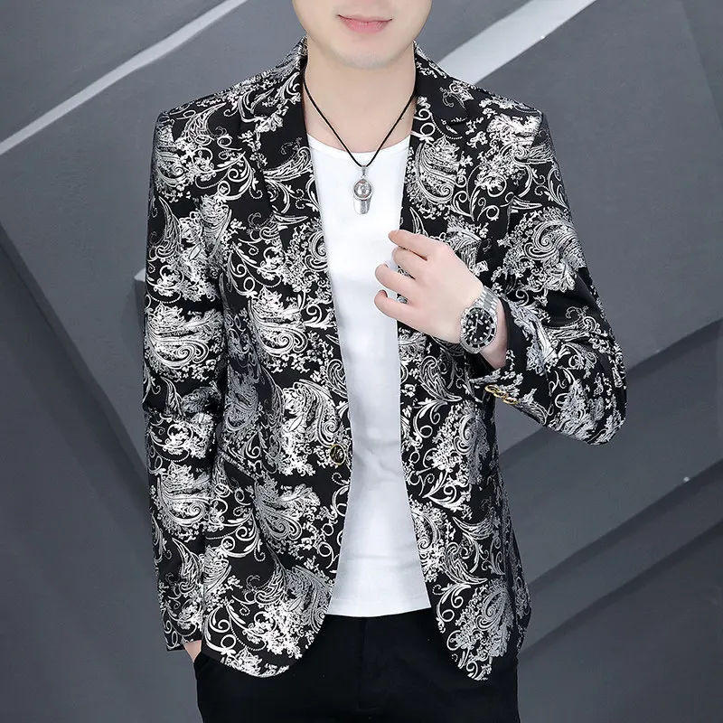 

Мужской костюм с цветочным принтом Jaet New Sle, весенне-осенняя корейская версия, молодежный приталенный повседневный золотой Emed, модная маленькая одежда в стиле вестерн