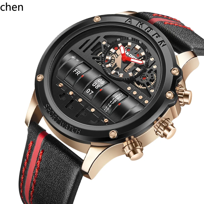 YFY Men's Business  Electronic   Men's  Unique Rotating Date Leather Strap