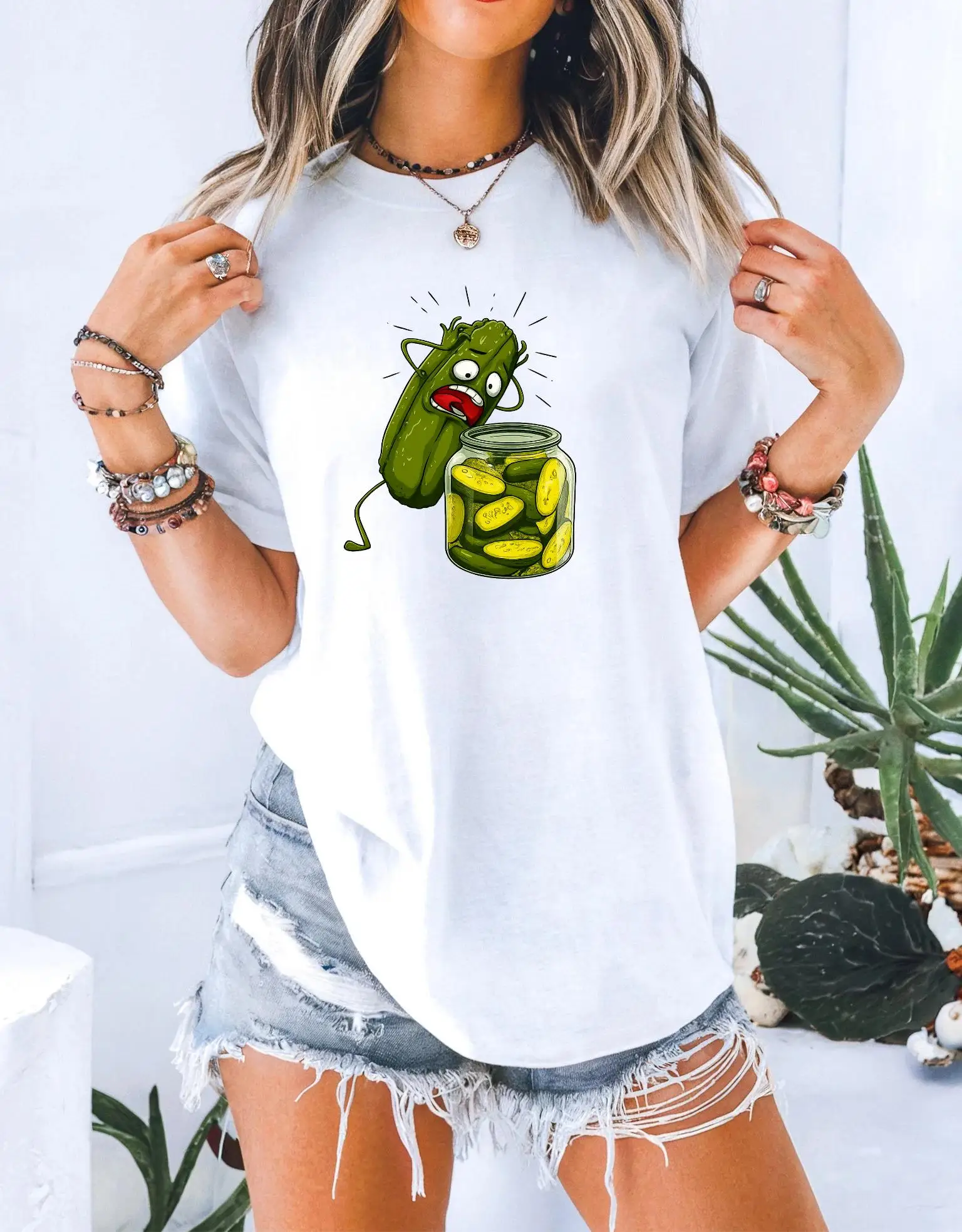 Camiseta con gráfico vintage Y2K para mujer, camiseta de manga corta con estampado de pepino y tarro de pepino juguetón, lavable a máquina, ajuste regular