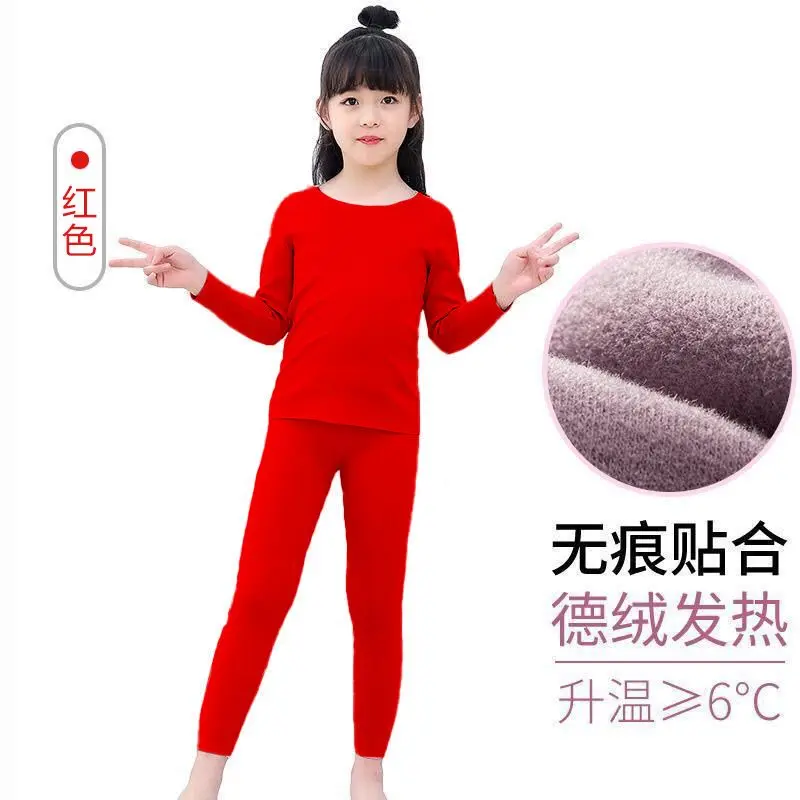 New 3-12T Children\'s Thin Fleece Girls\' Thermal Underwear Set with Warm Inner Matching for Mid to Large Children\'s Autumn and Wi