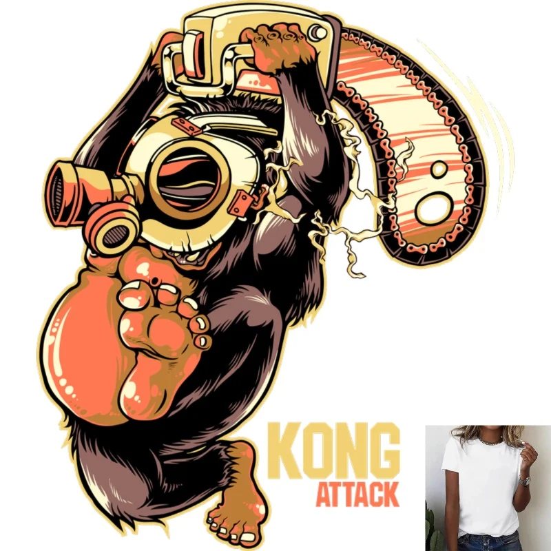 Trendy Personality Kong With Chainsaw Heat Transfer White Ink Iron - on Patch, Suitable For T - Shirts & Canvas Bags, Street - - zdjęcie 1