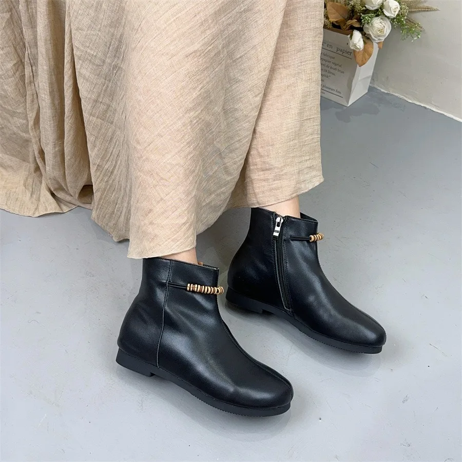 Birkuir Retro Women Ankle Boots Side Zip High Top Round Toe Low Heel Shoes Genuine Leather Luxury String Beads Short Boots image 5