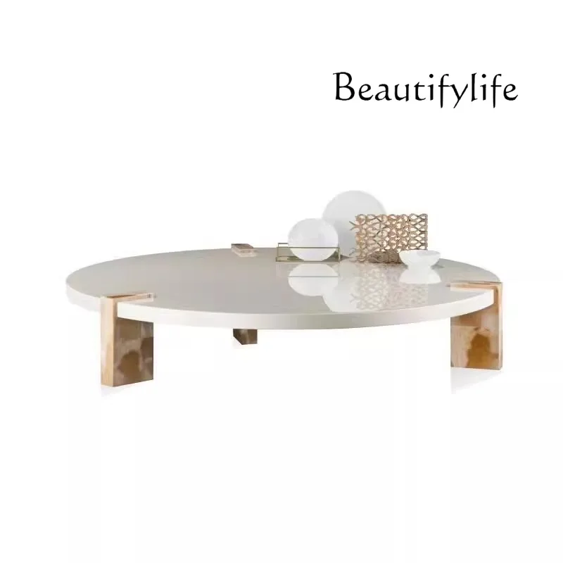 

Tavolino da caffè in legno massello di lusso leggero Tavolino da tè rotondo retrò moderno di fascia alta con venature del legno