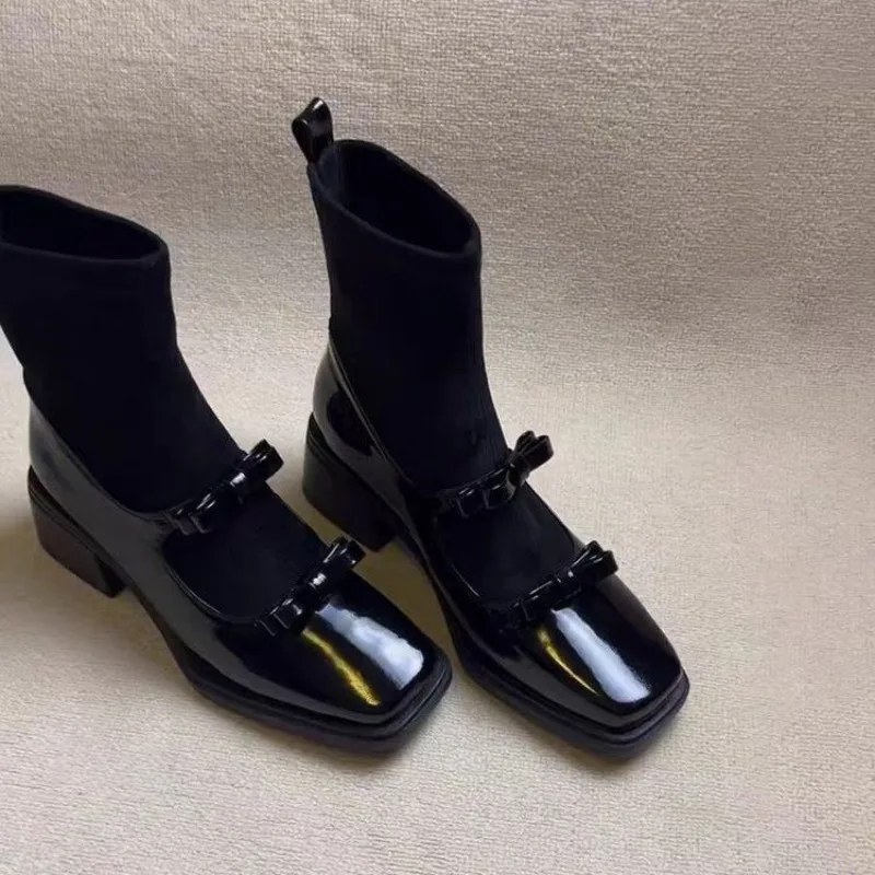 

Винтажные эластичные узкие ботинки с квадратным носком и бантом, узкие ботинки Мэри Джейн на блочном каблуке со вставками