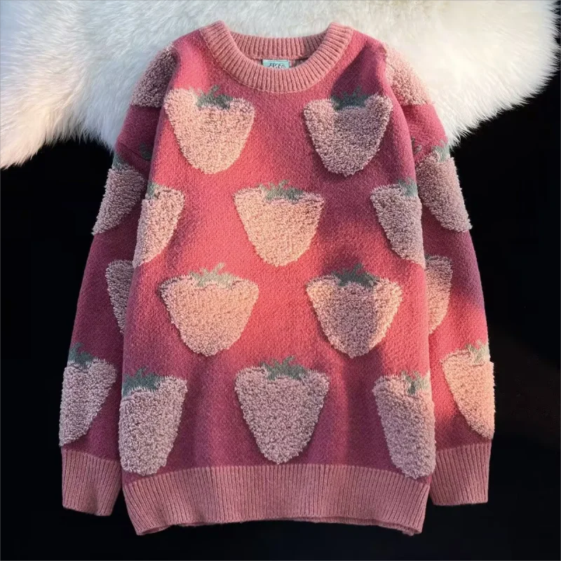 

Flocking three-dimensional flower pink crewneck sweater coat autumn and winter loose lazy style niche retro knit sweater