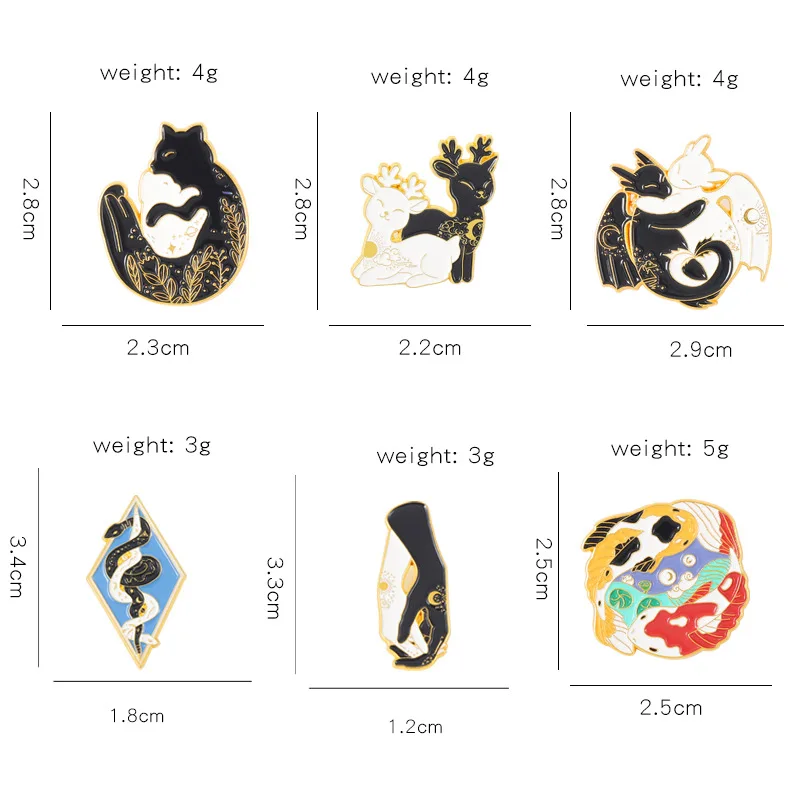 Cartoon Cute Animal Hug Enamel Pins Dragon Snake Koi Cat Fawn Hands Black White Alloy Brooch Badge Jewelry Couple Gift