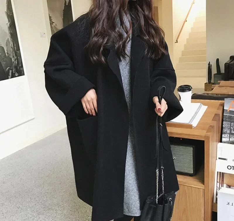 

Hot Sale Of The Season Autumn Winter Women's Woolen Coat Student Korean Style Loose Hepburn Trend Classic Pure Color Full