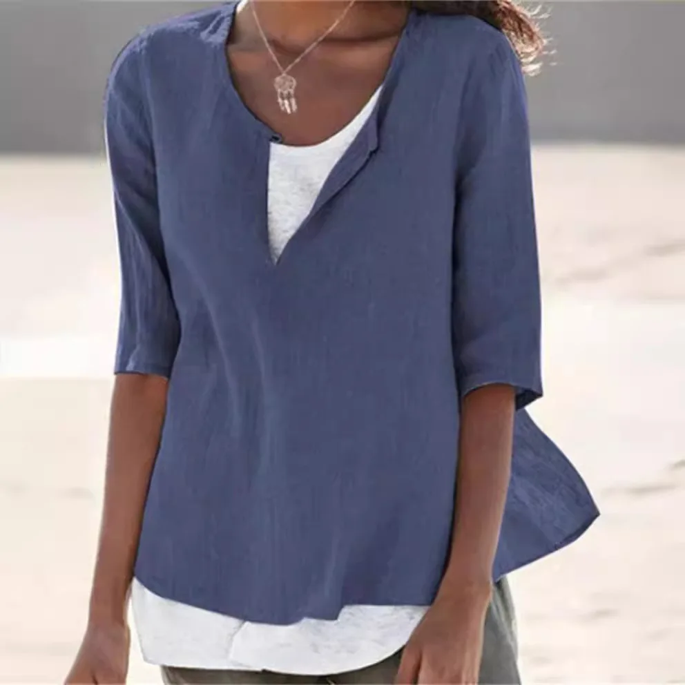 New Summer Autumn Women's Linen Cotton T-shirts Solid Color V Neck Top Casual Loose Long Sleeve Lightweight Pullovers 3