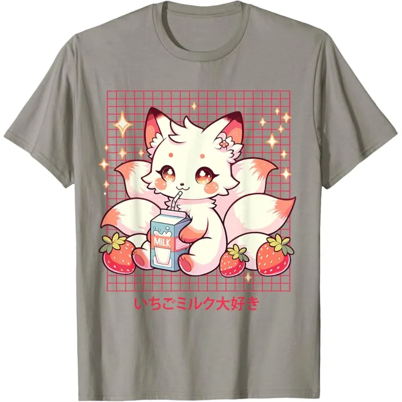 Cute Kitsune Japanese Anime Fox Kawaii Strawberry Milk funny T-Shirt