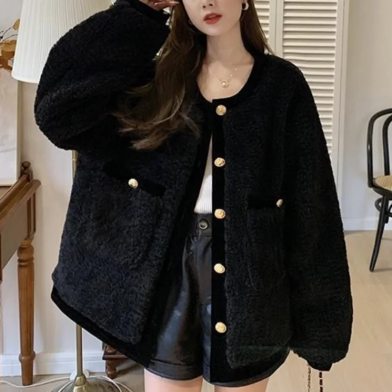 2023 Autumn and Winter New Fashion Temperament Women\'s Clothing Splice Pockets Button Round Neck Long Sleeve Solid Color Sweater