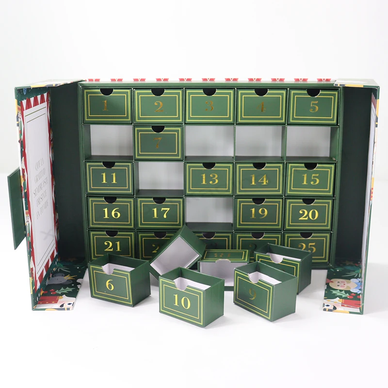 20 0piece.Custom.Green Cardboard Packaging Custom Advent Calendar Paper Box With 24 Drawer Small box Dedicate