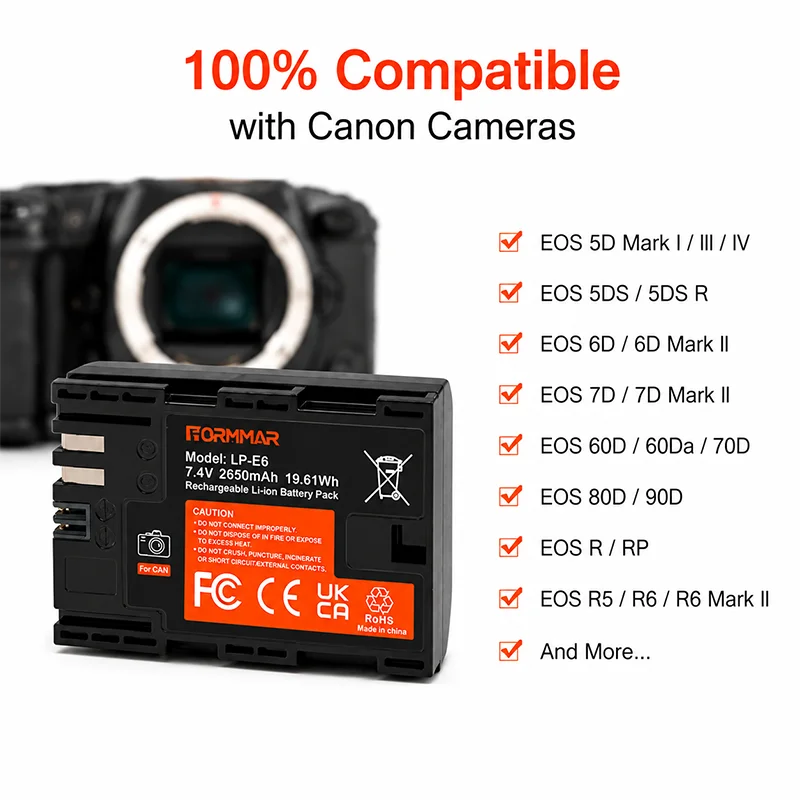 LP-E6 LP-E6N Battery 2650mAh Replacement for Canon EOS 5D Mark II III IV 6D 7D 80D 70D 60D Digital Camera Li-ion Batteries view 6