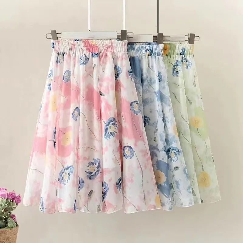 

Retro National Style Girls Kids Skirts 2023 New Chiffon Elastic High Waist Midi Skirts Floral Print Holiday Beach Skirts