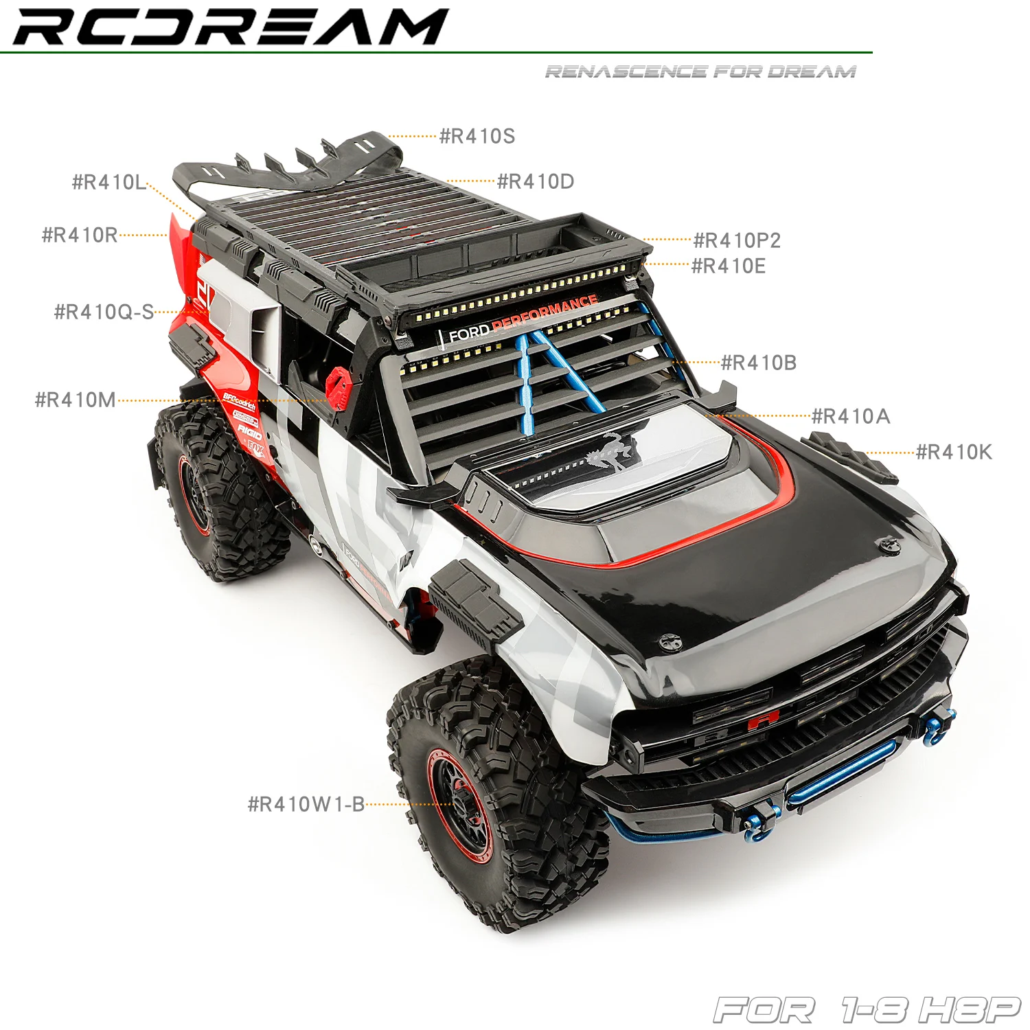 RCDream 1/8 Roof Luggage Rack / Search Light Spotlight / Guard Board / Rail Fin / Gas tank/ Recovery board  for H8P Body Upgrade