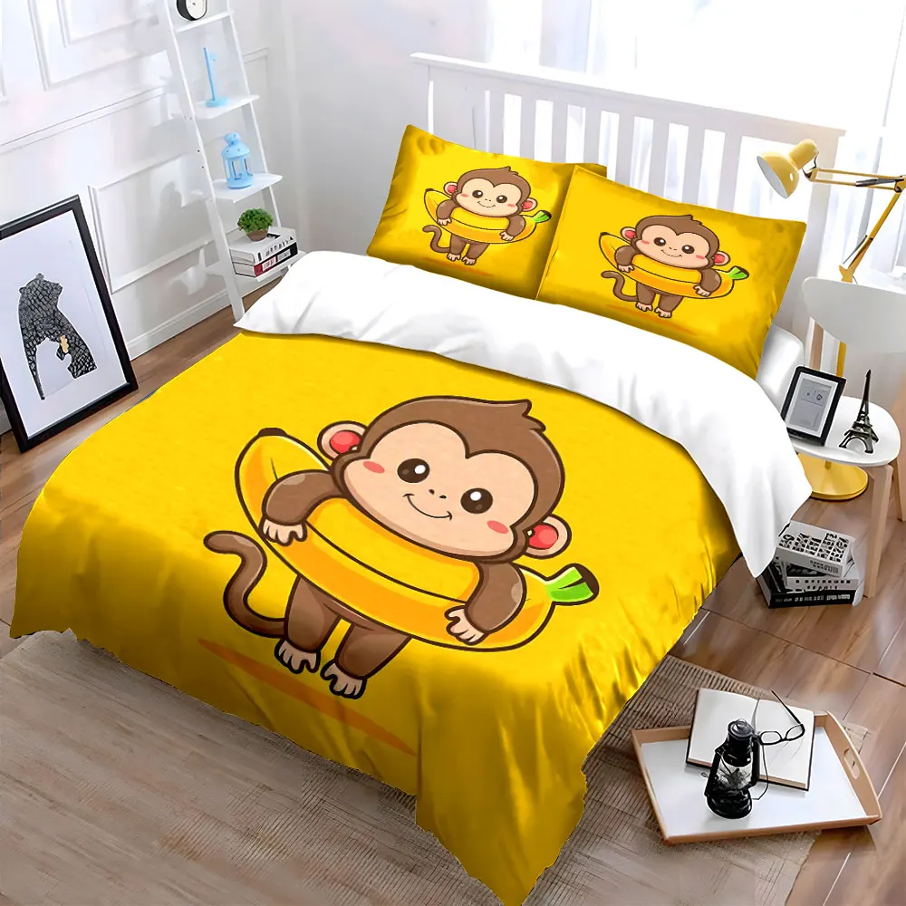 Cartoon Monkey Decor Set Bedding Set with 1 Duvet Cover 2 Pillowcases Single Double King Queen, Gift