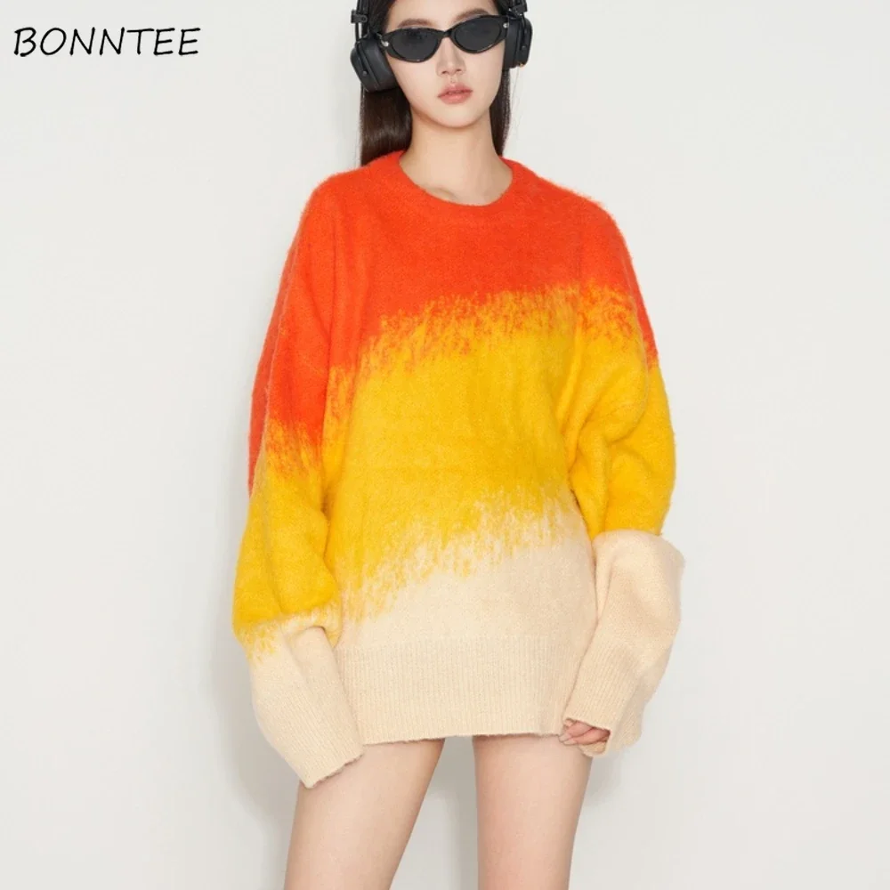 

Pullovers Women Gradient Color Long Sleeve All-match Knitted Sweaters O-neck Korean Fashion High Street Loose Fit Autumn Mujer