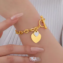 Exquisite Love Heart Charm Bracelets for Women, Gold Color Stainless Steel OT Zircon Bracelets, Waterproof Jewelry Gift