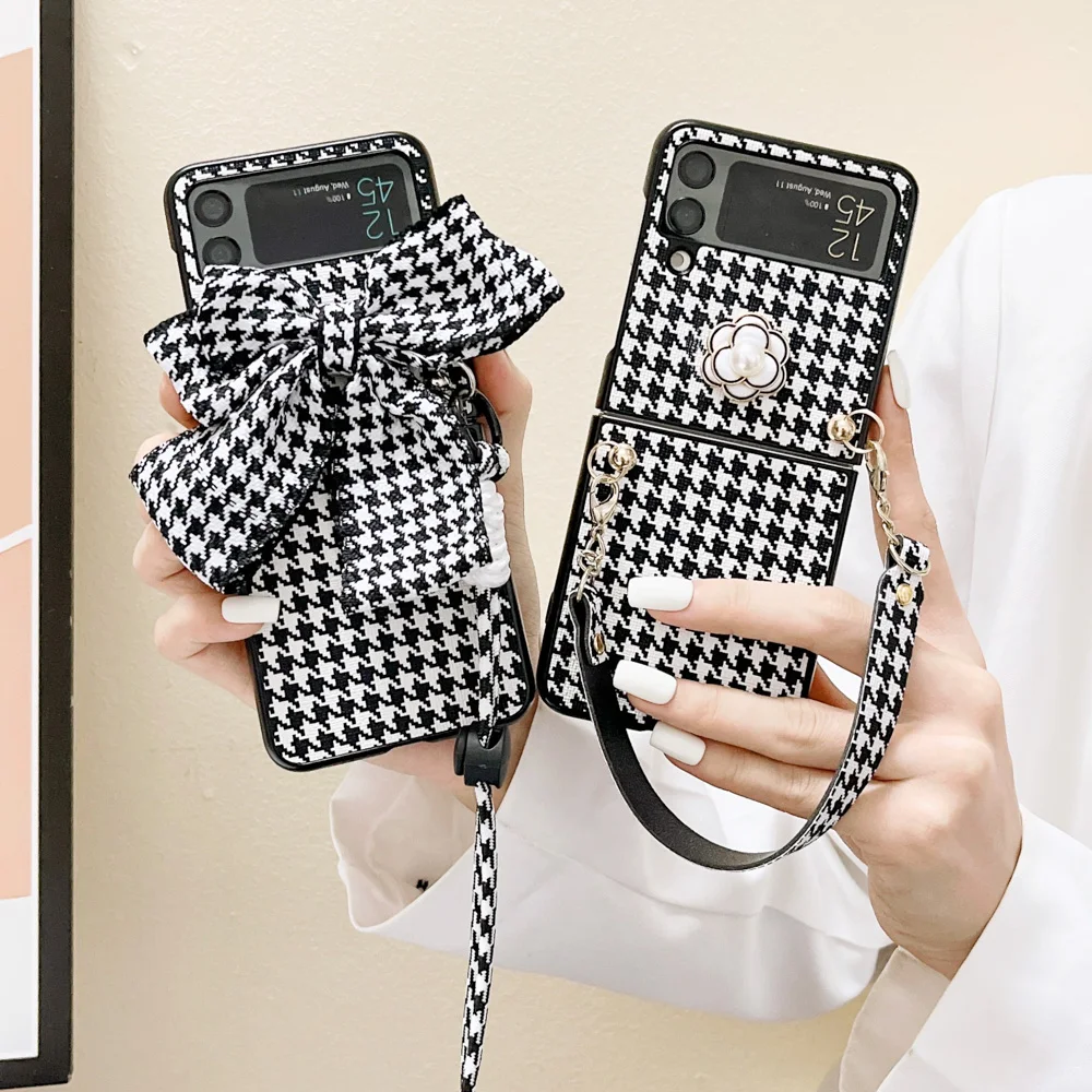Houndstooth Phone Case For Huawei P50 Pocket Foldable Phone Cover With Adjustable Wrist Strap&Pearl Short Hand Strap Shockproof