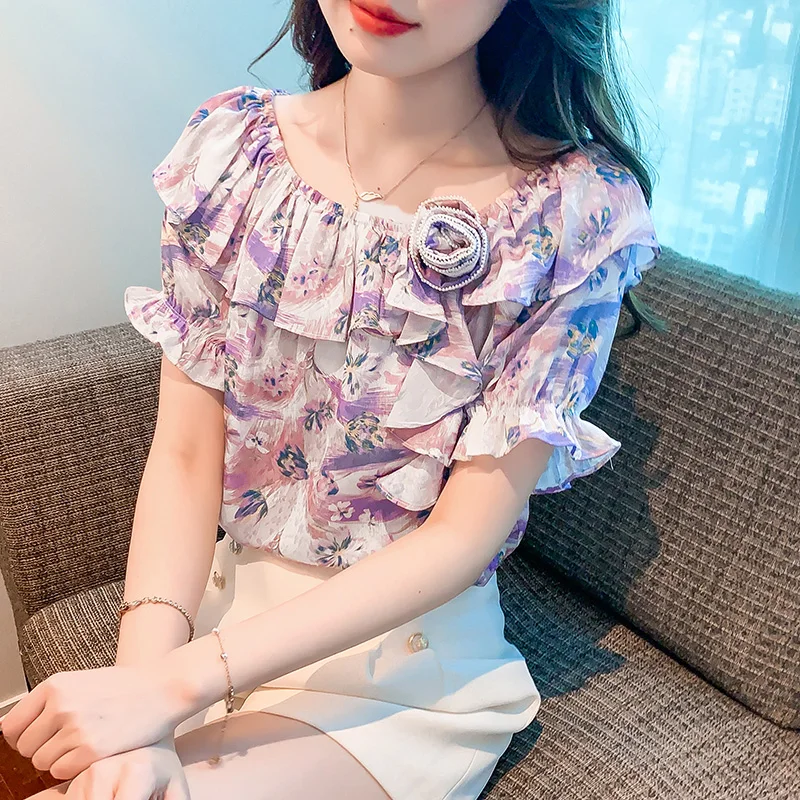 Summer Women\'s Floral Round Neck Pullover Slash Neck Ruffles Shirring Printed Short Sleeve T-shirt Casual Prairie Chic Tops