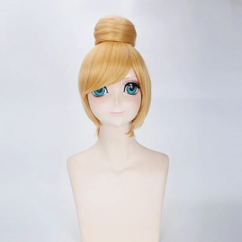 Princess Tinker Bell Wig Tinkerbell Cosplay Wigs Short Blonde Hair with Bun Heat Resistant Synthetic Hair Halloween Costume Wigs