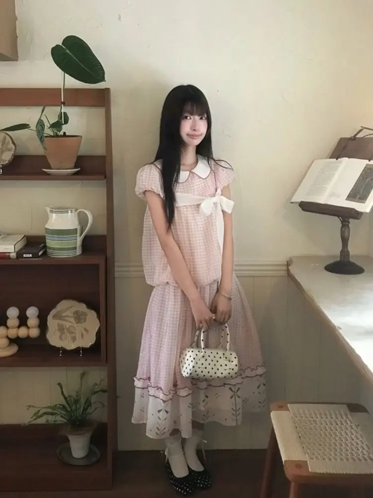 Coquette Sweet Summer Pink Gingham 2 Piece Set Women Bow Ruffle Trim Peter Pan Collar Top Midi Skirt Casual Party Outfit 2026 view 4