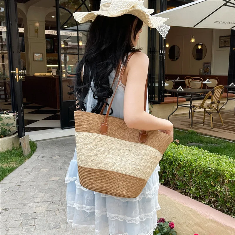 

​2025 Women's Woven Straw Beach Tote Bag Large Capacity Eco-Friendly Boho Shoulder Purse French Vacation Bag Summer Boho Bag​