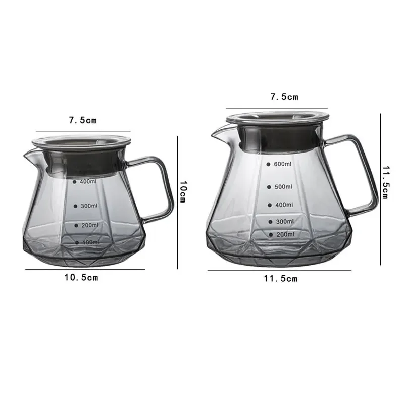 Coffee Pot 400/600ML Glass Kettle Hand-brewed Server Sharing Pot Reusable Coffee Utensils Diamond Shaped Coffee Kettle