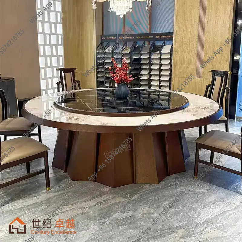 

New Chinese hotel manual electric dining table large round table with turntable rock slab club home solid wood designer model