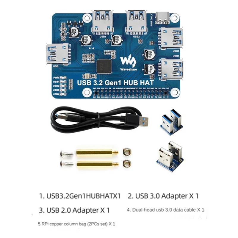 Waveshare USB 3.2 Gen1 HUB HAT สําหรับ Raspberry Pi 4B 3B + 3B 2B Zero W WH,4-Channel USB 3.0 พอร์ตขยาย, ไดร์เวอร์ฟรี Plug & Play