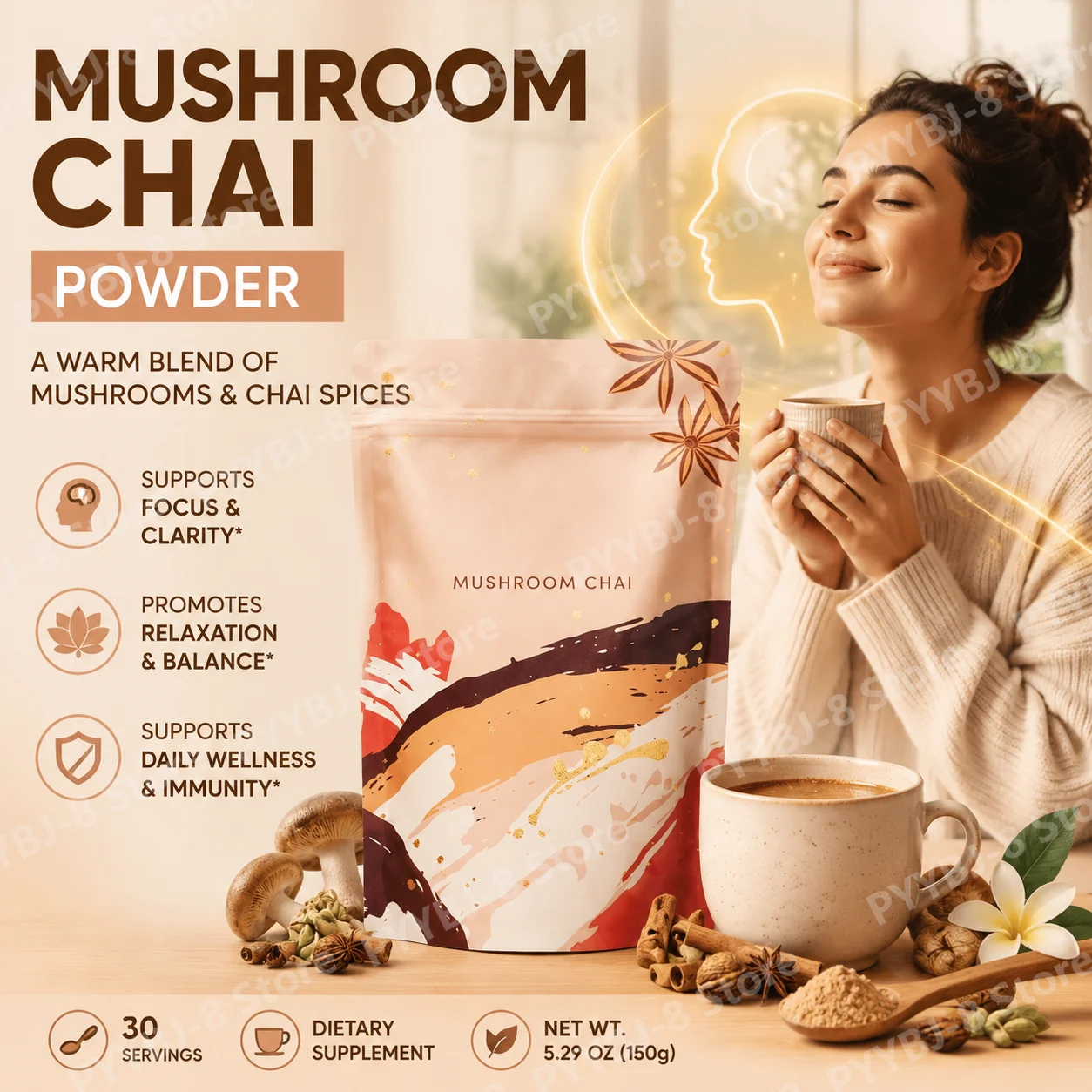 Mushroom Chai Supplement with Lion's Mane Turkey Tail Shiitake and Reishi Help Enhance Energy & Improve Immune System 4 Styles