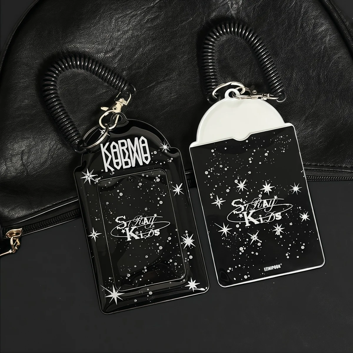 Tempat Kartu Foto Black and White Splash-Ink, Tempat Kartu Foto Album Idol K-Pop, Splash-Ink, Elemen Bintang, Bahan Pu, Cocok untuk Kartu Foto Mini 3-3,5 inci, Gantungan Kunci Tempat Kartu Foto
