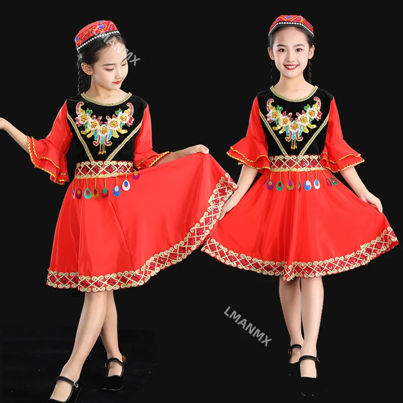 ملابس الأقليات العرقية للأطفال، التنانير القصيرة للفتيات، أزياء أداء الرقص الأويغوري