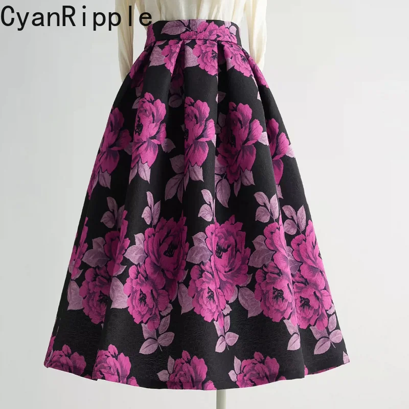 2026 New Autumn Winter Vintage Jacquard Printed Women Umbrella Skirt All-match High Waist Elegant Mid-length Casual A-line Skirt