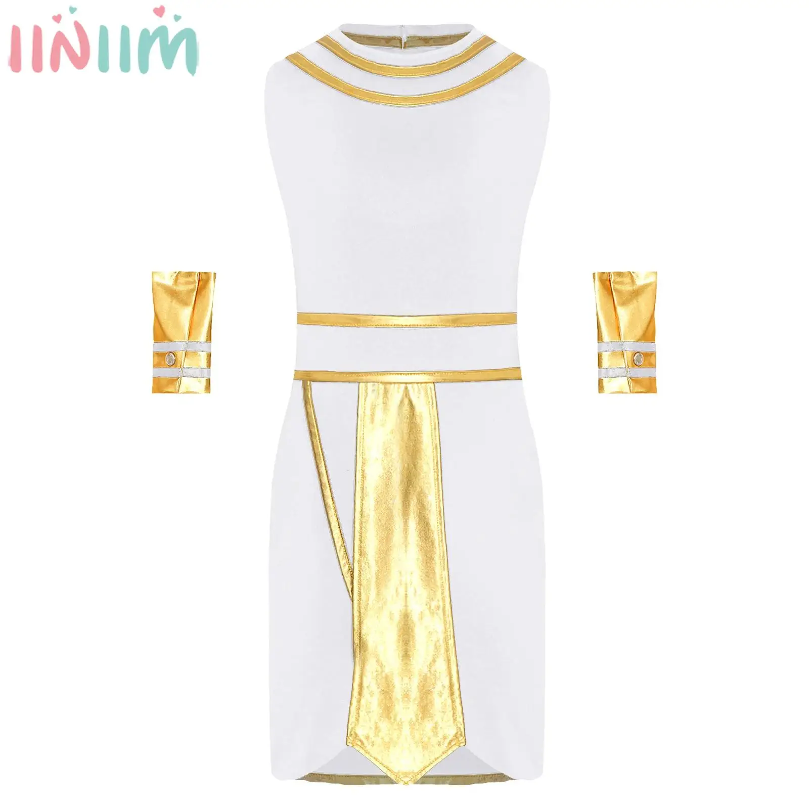 Teen Boys Halloween Egyptian Pharaoh Cosplay Costume Sleeveless Robe with Cuffs Carnival Ancient Egypt King Dress Up Clothes Set