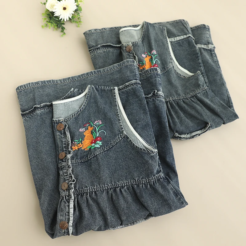 Robe mi-longue en coton et Denim pour femmes, Vintage japonais, Mori Girl, broderie de fleurs, col rond, sans manches, simple boutonnage, nouvelle collection printemps