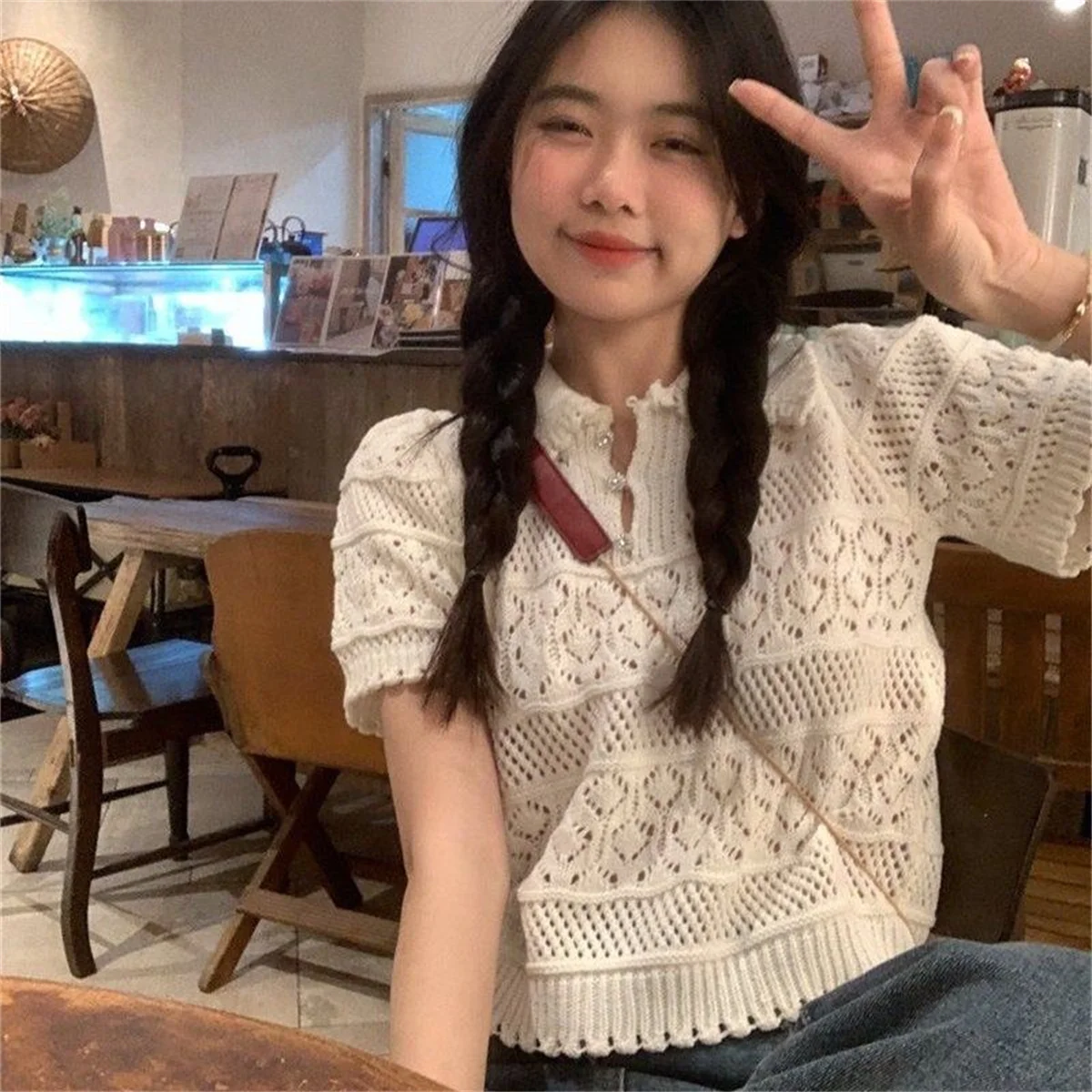 T-shirt Women Fashion Summer Knits Short Sleeve Crochet Hollow Casual