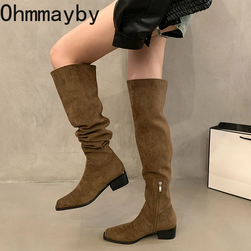 Stivali alti sopra il ginocchio da donna elasticizzati con tacco quadrato firmati Autunno Inverno Ladies Concise Long Botas De Mujer