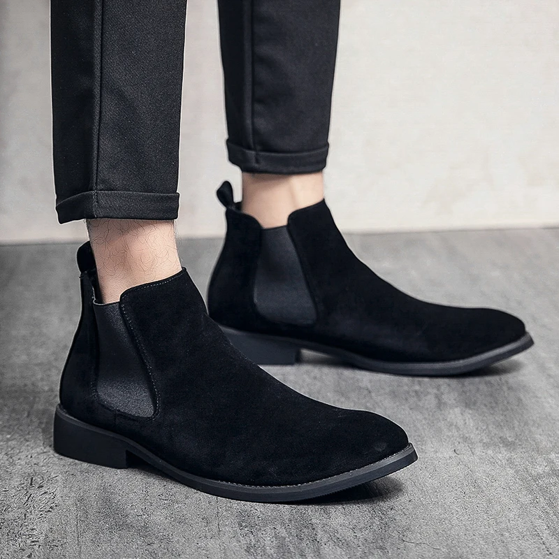 

Large Size 38-48 Luxury Blue Men's Chelsea Boot Comfortable Slip-On Suede Leather Boots For Man Pointed Toe Flat Men Ankle Boots