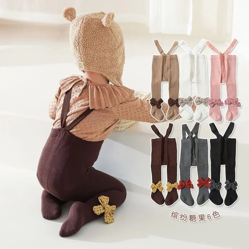 Spring 0-24M Newborn Girls Knitted Elastic Overalls Leggings Baby Girl Cotton Pants Bowknot High Waist Belly Guard Autumn Tights