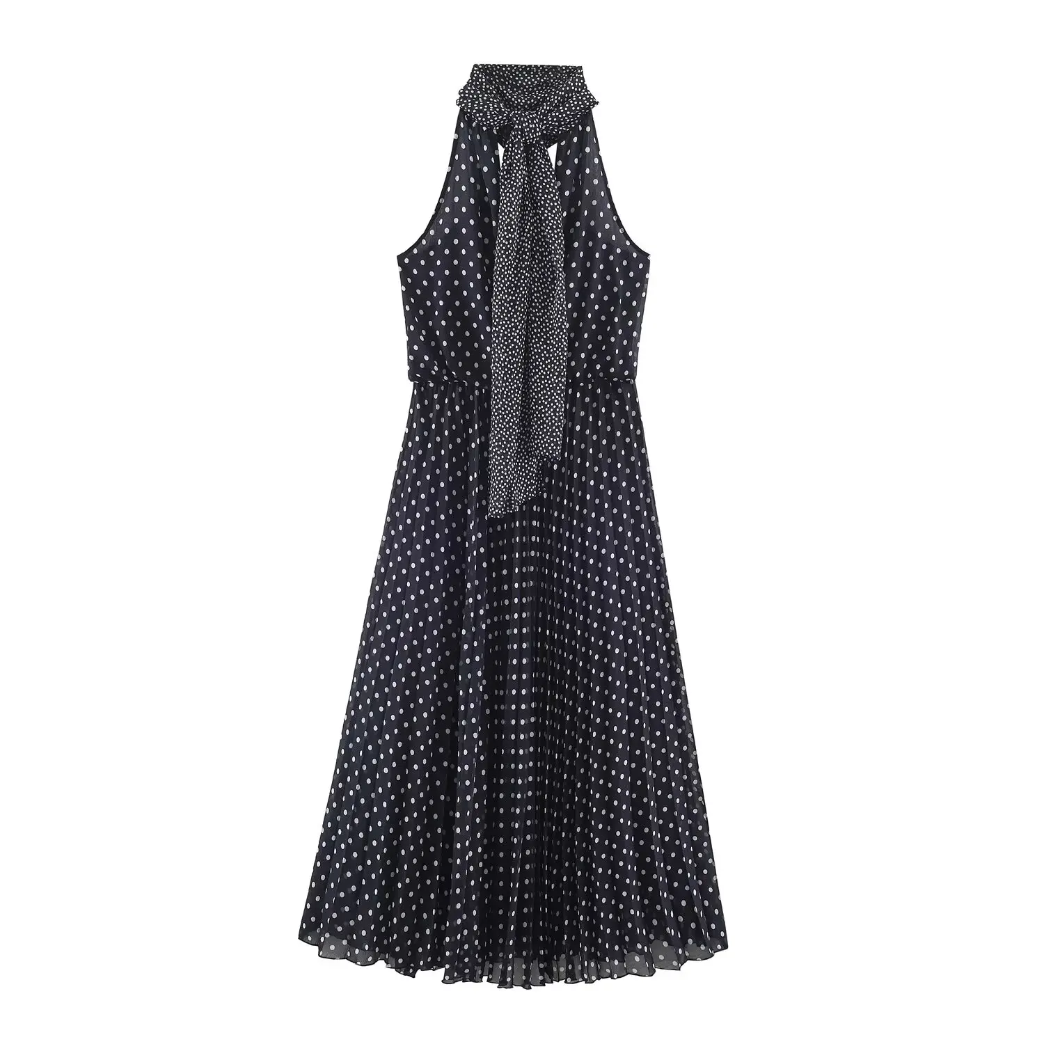 BSAY 2026 Vintage Elegantes Damen Polka Dot Halter-Midikleid mit Metallverzierung, geraffter Taille, plissiert, ärmellos, A-Linie, langes Kleid – Detail 3