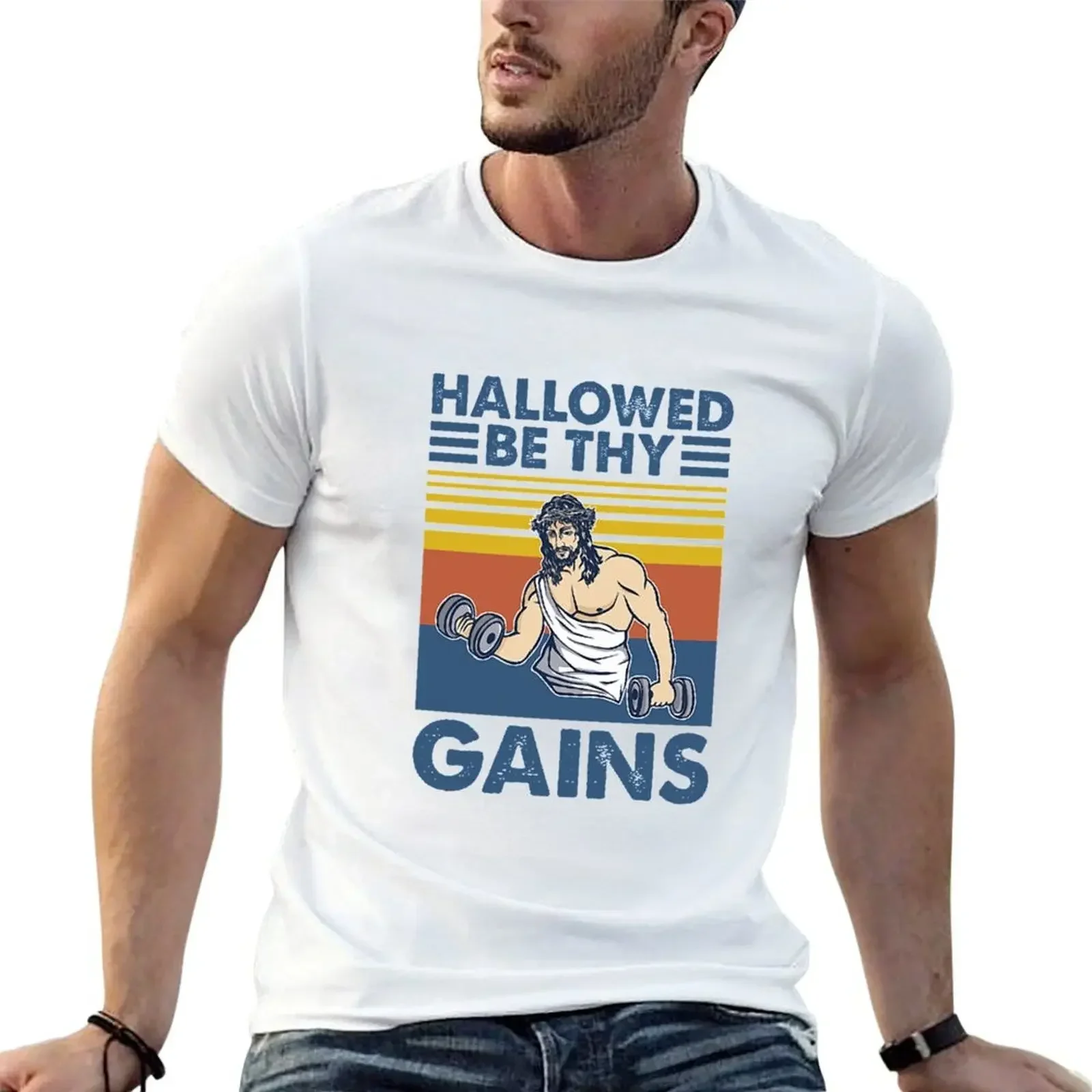 Hallowed Be Thy Gains Jesus Gym Vintage T-Shirt anime man clothes plain Short sleeve tee men