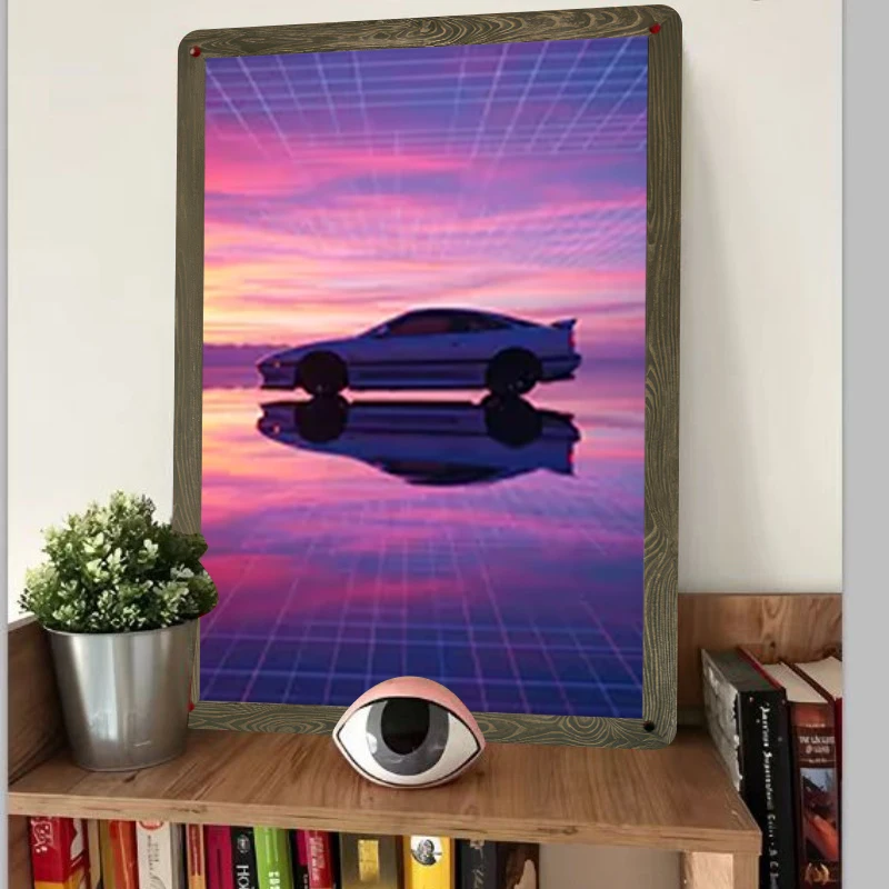 Retro Synthwave Car Metal Wall Art Pink Sunset Aesthetic Home Decor for Living Room Garage Man Cave Gift