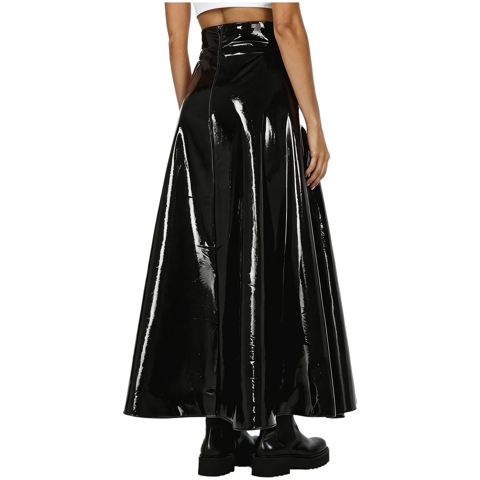 Women Glossy Patent Patent Leather Maxi Skirt High Waist Double Side Split Long Flared Skirt Clubwear Halloween Party Costume