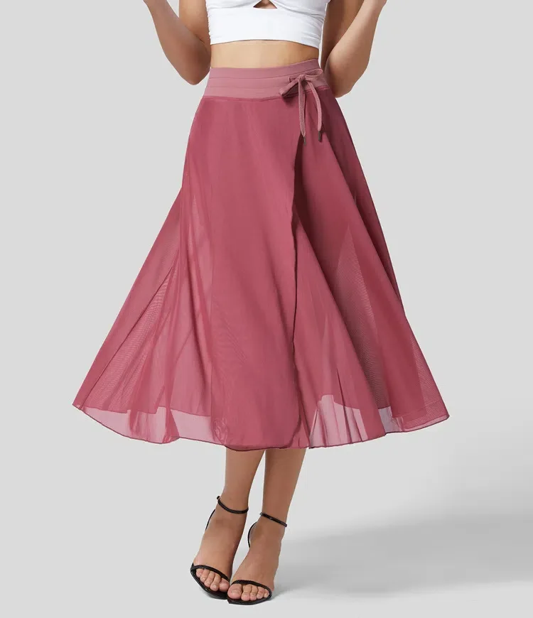 

Women's Fashionable Jumpsuit Skirt Solid Color Versatile Casual And Elegant Pleated Mesh Lace Up Spring Summer Mid Length Skirt
