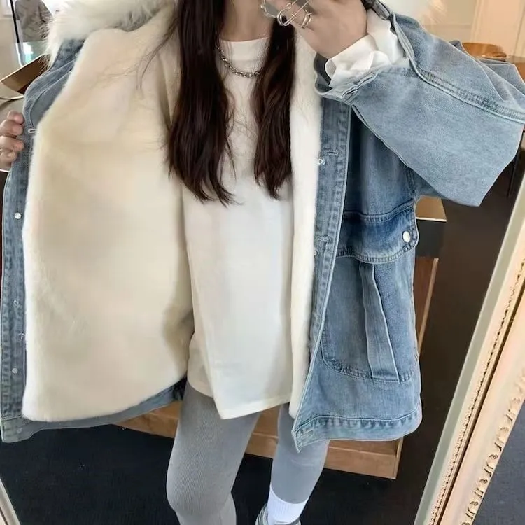 

Denim Coat Hip Hop Fur Plush Womens Fall Loose-Fit French Chic Holiday Social Anti-Odor Quilted Drawstring Hooded Adjustable Y2K