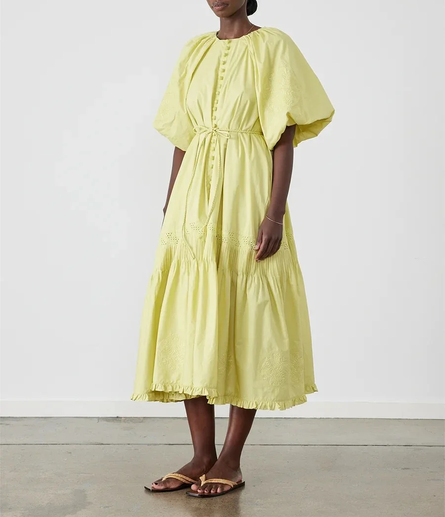 

High Quality Cotton 2024 Summer Yellow Button Self Tie Belt Puff Sleeve Shirring Women Midi Loose Dress