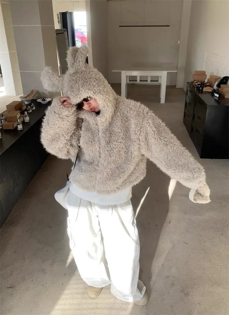 Retro Cute Rabbit Ear Imitation Fur Short Hooded Plush Jacket for Women in Winter Loose Thick Lazy Style
