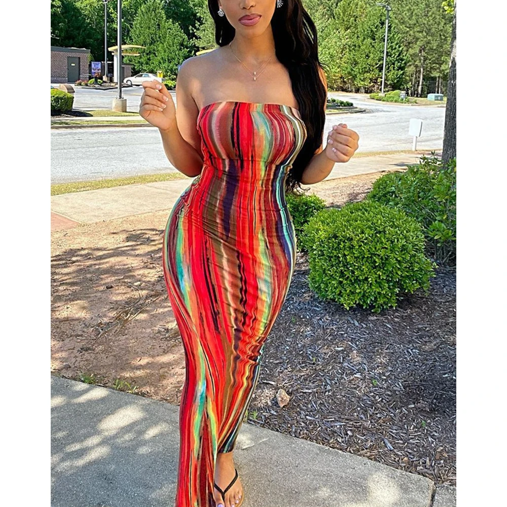 

Women Abstract Striped Print Bandeau Slim Fit Summer Maxi Dress Female Strapless Bodycon Dress Casual Sexy Vacation Dress