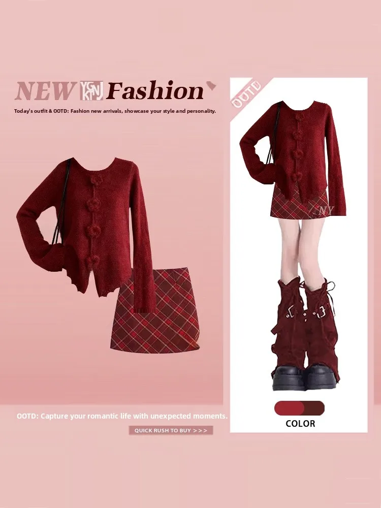 

3D Floral round Neck Sweater A-Line Skirt Red Two-Piece Set Winter Women's Fashion Ensemble Christmas New Year's Outfit